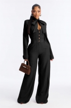 Black Long Sleeve Deep V Neck Single Breasted Casual Elegant Women Jumpsuit