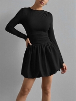Black Long Sleeve Pleated Fashion Bodycon Party Mini Dress