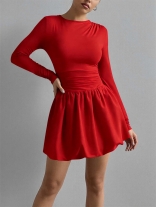 Red Long Sleeve Pleated Fashion Bodycon Party Mini Dress