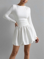White Long Sleeve Pleated Fashion Bodycon Party Mini Dress