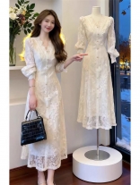 Apricot Lace Hollow Out Long Sleeve Luxury Birthday Frech Styles Maxi Dress