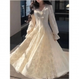 Apricot Lace Long Sleeve Hollow Out Luxury Birthday Party Maxi Dress