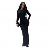 Black Long Sleeve Pleated Evening Party Long Dress