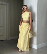 Yellow Sleeveless Two Pieces Lace Hollow Out Casual Luxury Women Summer Skirt Long Dress