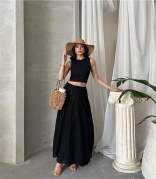 Black Sleeveless Two Pieces Lace Hollow Out Casual Luxury Women Summer Skirt Long Dress