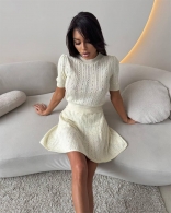 Apricot Short Sleeve Hollow Out Two Pieces Fashion Mini Skirt Dress