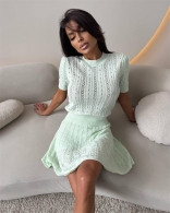 Green Short Sleeve Hollow Out Two Pieces Fashion Mini Skirt Dress