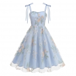 Blue Straps Lace Up Lace Strap Embroidery Birthday Luxury Midi Dress