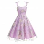Purple Straps Lace Up Lace Strap Embroidery Birthday Luxury Midi Dress