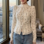Apricot Lace Hollow Out Long Sleeve Crochet Elegant Fashion Tops