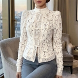 White Lace Hollow Out Long Sleeve Crochet Elegant Fashion Tops