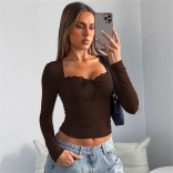 Brown Long Sleeve Boat Neck Lacy Sexy Crop Tops