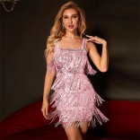 Pink Halter Square Neck Sequins Tassels Women Party Mini Dress