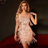 Beige Halter Square Neck Sequins Tassels Women Party Mini Dress