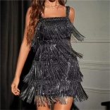 Black Halter Square Neck Sequins Tassels Women Party Mini Dress