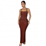 Brown Straps Square Diamonds Evening Bodycon Midi Dress