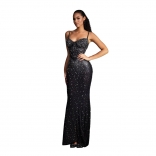 Black Strapless V Neck Diamonds Elegant Women Evening Party Maxi Dress