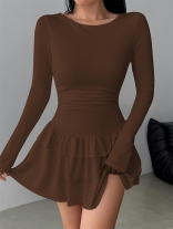 Brown Long Sleeve Pleated Waist Hot Sexy Girl Party Mini Dress