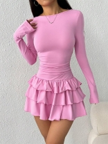 Pink Long Sleeve Pleated Waist Hot Sexy Girl Party Mini Dress