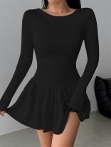 Black Long Sleeve Pleated Waist Hot Sexy Girl Party Mini Dress