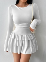 White Long Sleeve Pleated Waist Hot Sexy Girl Party Mini Dress
