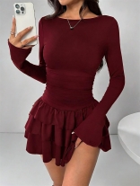Claret Long Sleeve Pleated Waist Hot Sexy Girl Party Mini Dress