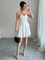 White Halter Low Cut Sexy Pleated Evening Party Mini Dress