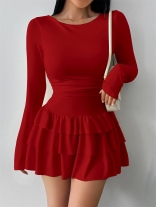 Red Long Sleeve Pleated Waist Hot Sexy Girl Party Mini Dress