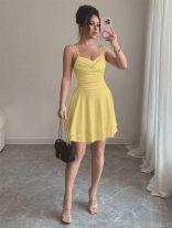 Yellow Halter Low Cut Sexy Pleated Evening Party Mini Dress