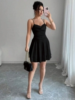 Black Halter Low Cut Sexy Pleated Evening Party Mini Dress
