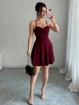 Claret Halter Low Cut Sexy Pleated Evening Party Mini Dress