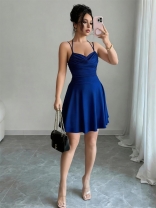 Blue Halter Low Cut Sexy Pleated Evening Party Mini Dress