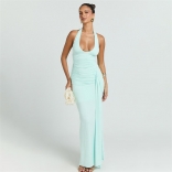 Light Green Halter Sleeveless Deep V Neck Party Vacation Long Dress