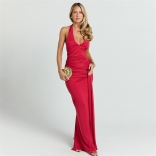Red Halter Sleeveless Deep V Neck Party Vacation Long Dress