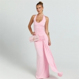 Pink Halter Sleeveless Deep V Neck Party Vacation Long Dress