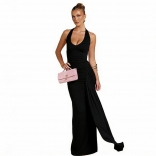 Black Halter Sleeveless Deep V Neck Party Vacation Long Dress