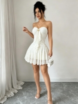 Beige Off Shoulder Lace Hollow Out Sexy Cute Birthday Mini Dress