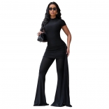 Black Short Sleeve Mesh Folds Bodycon Sexy Wide Leg Street Party Jumpsuit