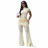 Apricot Short Sleeve Mesh Folds Bodycon Sexy Wide Leg Street Party Jumpsuit