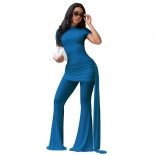 Blue Short Sleeve Mesh Folds Bodycon Sexy Wide Leg Street Party Jumpsuit