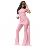 Pink Short Sleeve Mesh Folds Bodycon Sexy Wide Leg Street Party Jumpsuit