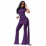 Purple Short Sleeve Mesh Folds Bodycon Sexy Wide Leg Street Party Jumpsuit