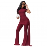 Wine Red Short Sleeve Mesh Folds Bodycon Sexy Wide Leg Street Party Jumpsuit