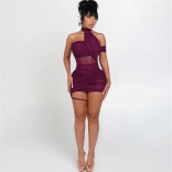 Coffee Slash Neck Mesh See Through Bodycon Mini Party Dress