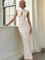 White Sleeveless Deep V Neck Lace Hollow Out Sexy Bodycon Women Luxury Evening Long Dress