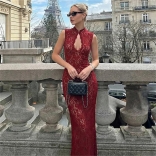 Claret Sleeveless Deep V Neck Lace Hollow Out Sexy Bodycon Women Luxury Evening Long Dress
