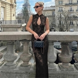 Black Sleeveless Deep V Neck Lace Hollow Out Sexy Bodycon Women Luxury Evening Long Dress