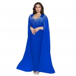 Blue Sleeveless Diamonds Low Cut Mesh Luxury Beading Evening Formal Dress