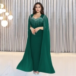 Green Sleeveless Diamonds Low Cut Mesh Luxury Beading Evening Formal Dress