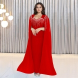 Red Sleeveless Diamonds Low Cut Mesh Luxury Beading Evening Formal Dress